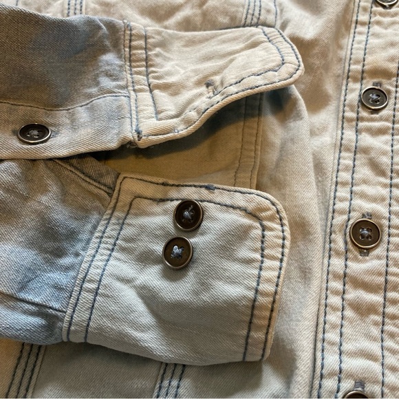 Free People Daisy Baby Patchwork Denim Top with Wide Collar and Ruffle Detail - Picture 4 of 13